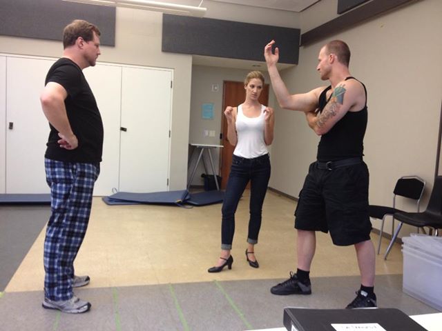 Fight Director and PTSD consultant, Sean Brown, working with Ryan Harper (left) and Cassandra Warner
