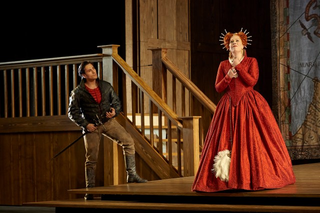 Leonardo Capalbo as Roberto Devereux and Sondra Radvanovsky as Elisabetta in the Canadian Opera Company production of Roberto Devereux, 2014. Conductor Corrado Rovaris, director Stephen Lawless, set designer Benoît Dugardyn, costume designer Ingeborg Bernerth and lighting designer Mark McCullough. Photo: Michael Cooper