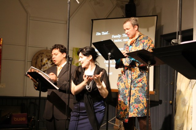Left to right, Fabian Arciniegas, Erin Bardua, James Levesque in Essential Opera's 2013 program "Two Weddings and a Funeral"