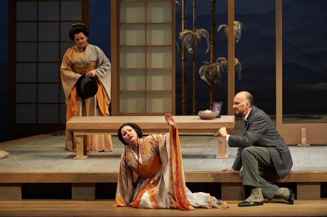 (l-r) Elizabeth DeShong as Suzuki, Patricia Racette as Cio-Cio San and Dwayne Croft as Sharpless in the Canadian Opera Company production of Madama Butterfly, 2014. Photo: Michael Cooper