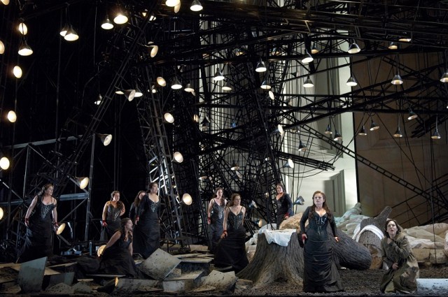 The Valkyries, Susan Bullock as Brünnhilde and Adrianne Pieczonka as Sieglinde in the Canadian Opera Company's production of Die Walküre, 2006.  directed by Atom Egoyan, Set and Costume Designer: Michael Levine (Photo: Michael Cooper)