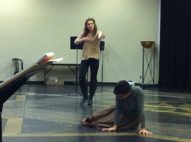 Mireille Lebel(standing) and Peggy Kriha Dye in a rehearsal photo