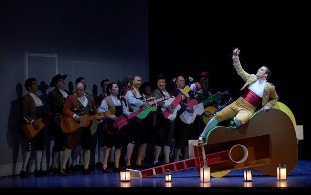 Alek Shrader as Count Almaviva (far right) in the Canadian Opera Company production of The Barber of Seville, 2015. Photo: Michael Cooper