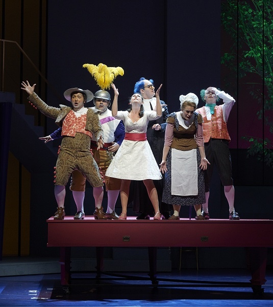  (l-r) Clarence Frazer as Figaro, Andrew Haji as Count Almaviva, Charlotte Burrage as Rosina, Gordon Bintner as Don Basilio, Karine Boucher as Berta and Iain MacNeil as Doctor Bartolo in the Ensemble Studio performance of the Canadian Opera Company’s production of The Barber of Seville, 2015. director Joan Font, set and costume designer Joan Guillén ( Photo: Michael Cooper)